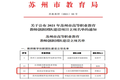 我校工业互联网教学科研团队成功入选2021年苏州市高等职业教育创新团队